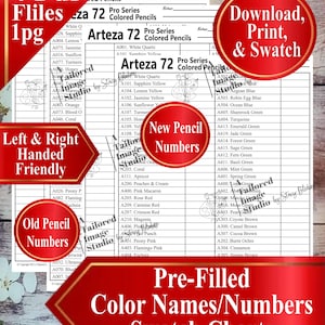 Puede incluir: Una tabla de colores imprimible para los lápices de colores Arteza 72 Pro Series. La tabla incluye los nombres y los números de cada lápiz. La tabla está diseñada para usuarios zurdos y diestros. La tabla está disponible para descargar en PDF e incluye una tabla de muestras.