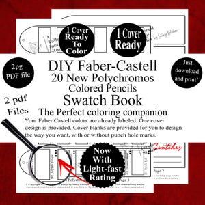 May include: A two-page PDF swatch book for 20 Faber-Castell Polychromos coloured pencils. The document features labelled colour boxes, light-fast ratings, and cover designs. A black magnifying glass highlights the Arylide Yellow colour box.