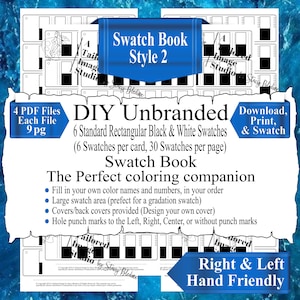 Puede incluir: Libro de muestras en blanco y negro con 6 muestras rectangulares estándar por tarjeta. El libro está diseñado para proyectos de bricolaje sin marca e incluye 30 muestras por página. El libro es adecuado para diestros y zurdos e incluye cubiertas y marcas de perforación.