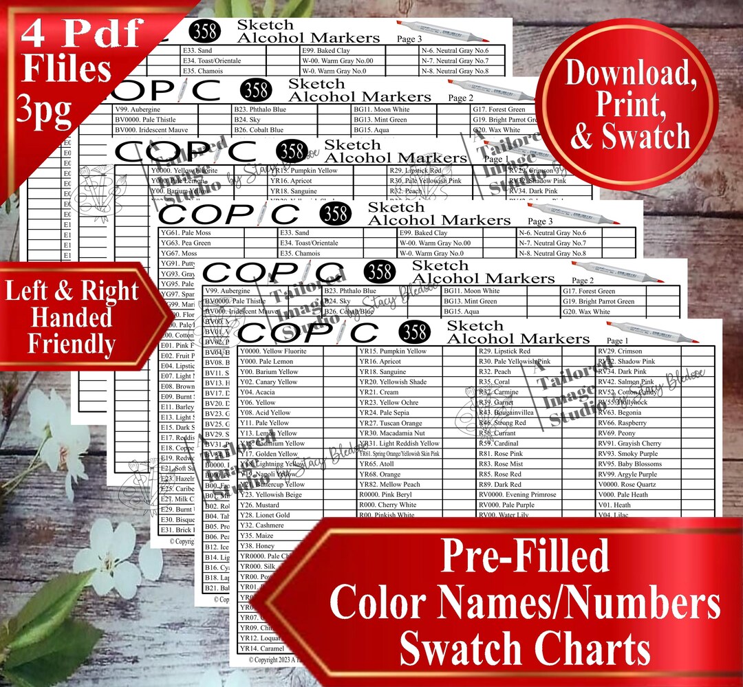 Copic 358 Sketch Alcohol Markers Swatch Charts (PDF Download) - Etsy
