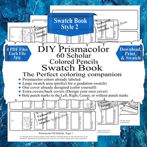 Può includere: Un libro di campioni stampabile fai-da-te per matite colorate Prismacolor 60 Scholar. Il libro include una grande area di campioni, etichette di colore e segni di perforazione per una facile organizzazione. Il libro è progettato per essere un compagno di colorazione per gli artisti.