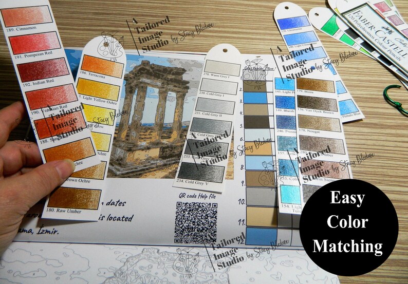 May include: Color matching guide for artists.  The guide includes a variety of color swatches, including red, orange, yellow, green, blue, purple, brown, and gray.  The guide also includes a QR code for help.