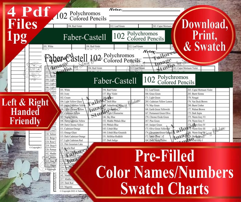 May include: A set of pre-filled color swatch charts for Faber-Castell Polychromos colored pencils. The charts include color names and numbers, with text that reads "Download, Print, & Swatch" and "Left & Right Handed Friendly".