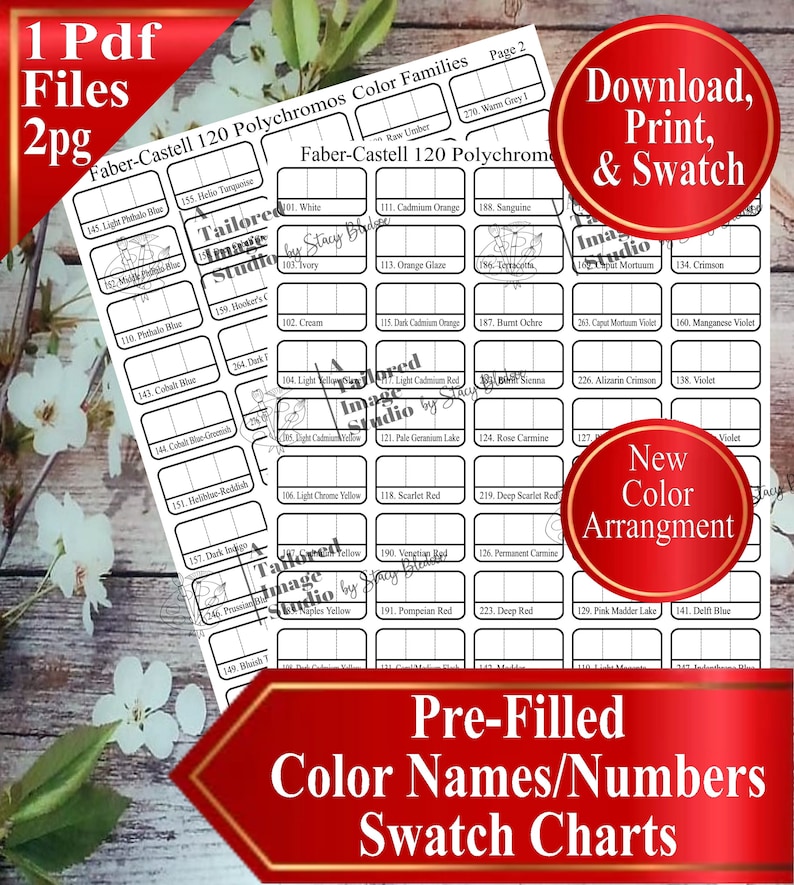Może przedstawiać: Wydrukowana tabela kolor&oacute;w z wstępnie wypełnionymi nazwami i numerami kolor&oacute;w dla oł&oacute;wk&oacute;w Faber-Castell 120 Polychromos. Tabela zawiera pr&oacute;bki kolor&oacute;w z tekstem "Pobierz, wydrukuj i pr&oacute;bka" oraz "Nowy układ kolor&oacute;w."