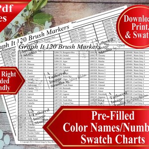 Peut inclure: Deux fichiers PDF imprimables en noir et blanc pour 120 marqueurs pinceaux. La première page liste les noms et numéros de couleurs de chaque marqueur. La deuxième page est un nuancier avec les noms et numéros de couleurs. Le texte "Graph It 120 Brush Markers" est en haut de la page. Le texte "Left & Right Handed Friendly" est dans un encadré rouge en bas à gauche de la page. Le texte "Download, Print, & Swatch" est dans un cercle rouge en haut à droite de la page. Le texte "Pre-Filled Color Names/Numbers Swatch Charts" est dans un encadré rouge en bas de la page.