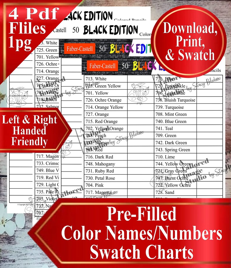 May include: Pre-filled color name and number swatch charts for 50 black edition colored pencils. The charts are labeled with the color name and number for each color. The colors include white, green, yellow, orange, red, pink, magenta, brown, gray, blue, green, and black.