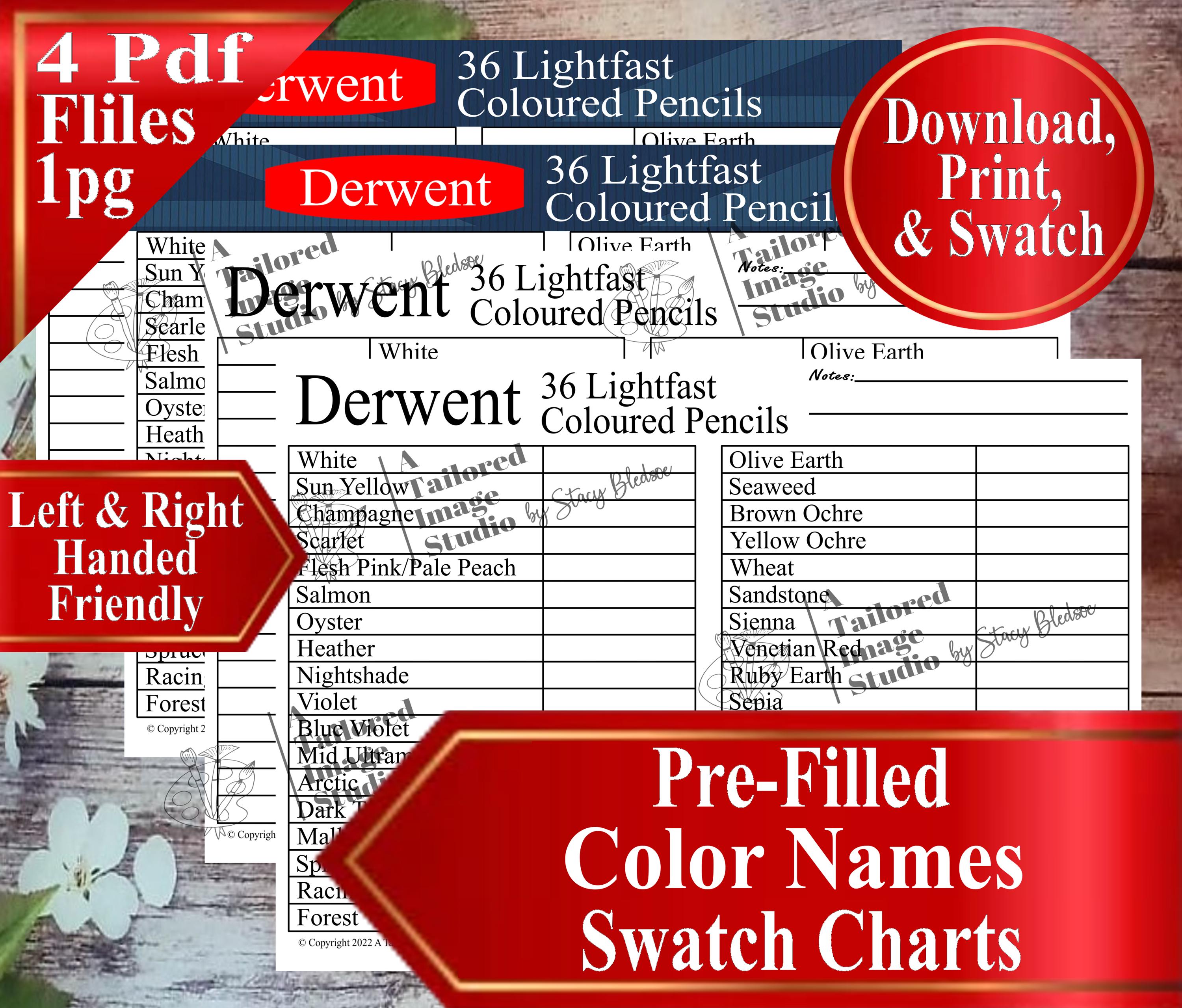 Derwent 36 Lightfast Colored Pencils Swatch Chart (PDF Download