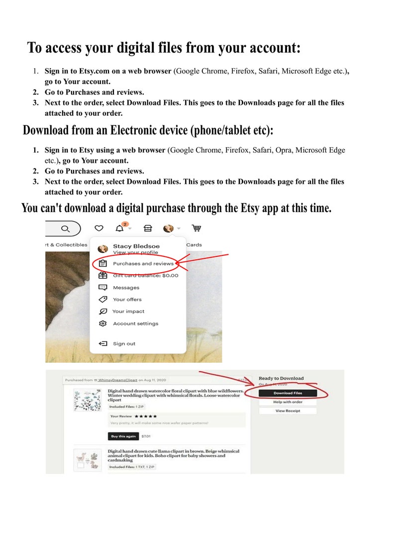 May include: Screenshot of an Etsy shop showing a digital download of watercolor floral clipart. The image shows a blue and white floral design with the text "Digital hand drawn watercolor floral clipart with blue wildflowers. Winter wedding clipart with whimsical florals. Loose watercolor clipart". The text "Ready to Download" is highlighted in a red circle.