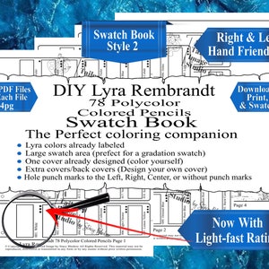 Op de afbeelding: Een zwart-wit printbaar kleurstaalboek voor 78 Lyra Rembrandt Polycolor kleurpotloden. Het boek bevat een groot kleurstaalgebied, één omslag dat al is ontworpen en extra omslagen voor aanpassing. Het boek is geschikt voor zowel rechts- als linkshandigen en bevat perforatiemarkeringen voor eenvoudige organisatie. Download, print en maak kleurstalen.