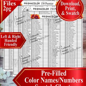 Peut inclure: Un nuancier imprimable pour les crayons Prismacolor 150 Premier, présentant une mise en page en grille avec des noms et numéros de couleurs pré-remplis. Le document comprend quatre fichiers PDF sur deux pages, adaptés aux gauchers et droitiers.