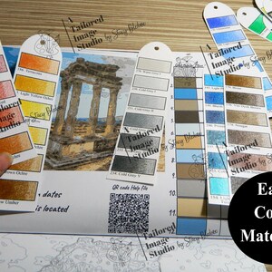 May include: Color matching guide for artists.  The guide includes a variety of color swatches, including red, orange, yellow, green, blue, and gray.  The guide also includes a QR code for help.