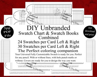 May include: A digital DIY unbranded swatch chart and swatch book template in a 5-page PDF file. The document features layouts for 24 and 30 swatches per card, including left and right options, with customizable covers and hole punch marks.