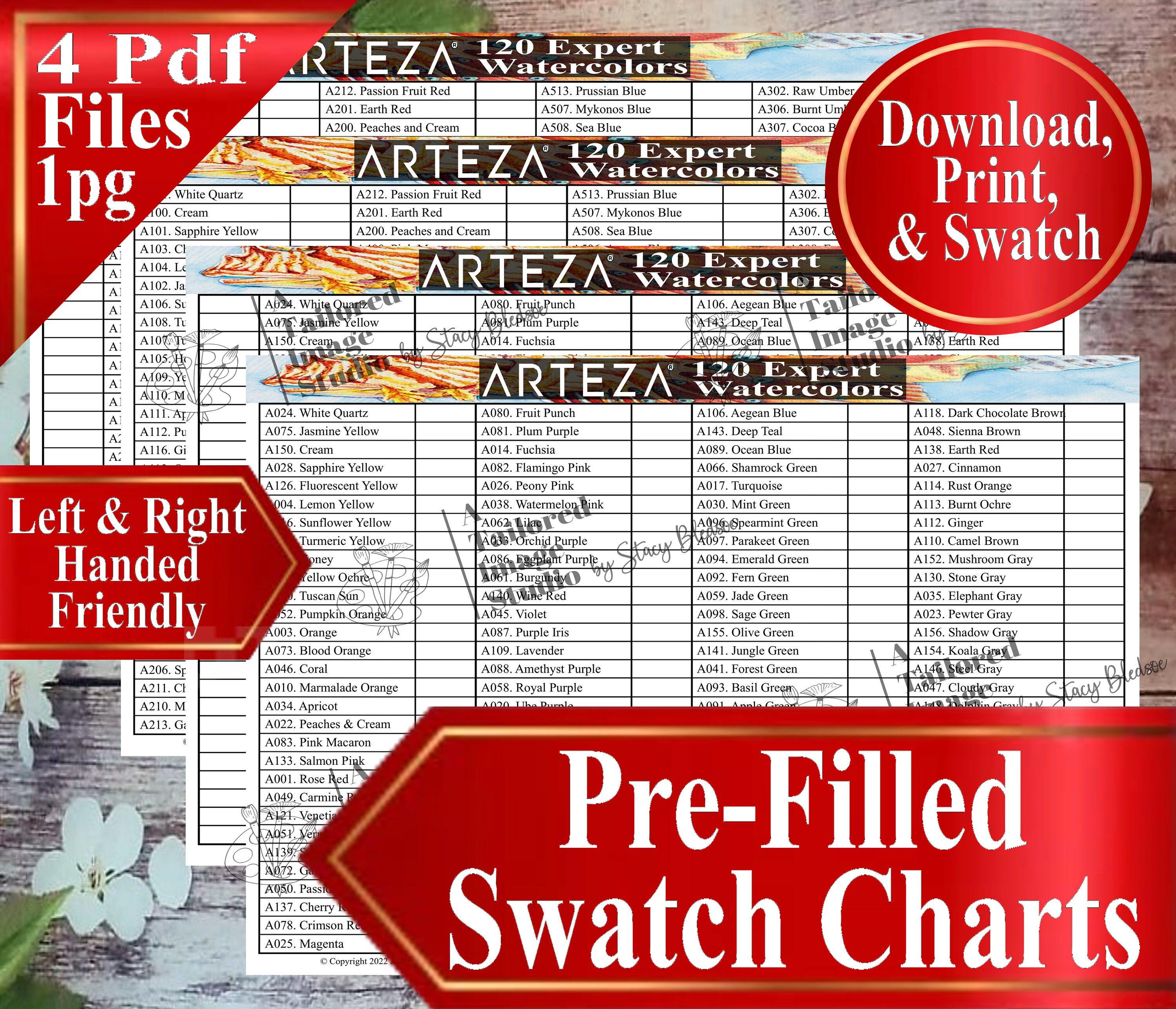 Arteza 120 Expert Watercolor Pencils Swatch Chart (PDF Download