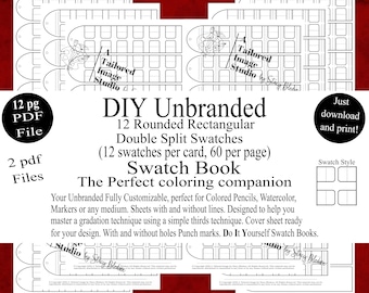 May include: A digital DIY swatch book template featuring 12 rounded rectangular double split swatches per card, with 60 swatches per page. The PDF file includes sheets with and without lines and punch marks for organizing colored pencils or markers.