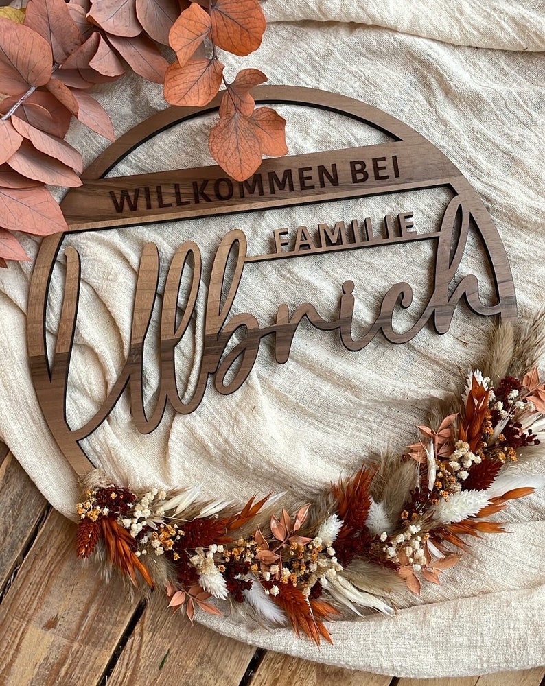 Familienschild aus Vollholz Türschild Türkranz Boho Türdeko Kranz Haustür ganzjährig Familiennamensschild Boho-Innenkranz zdjęcie 7