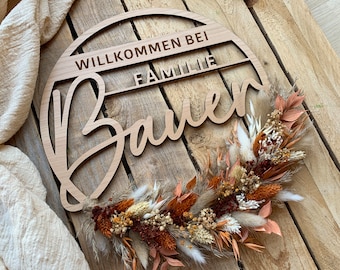 Familienschild aus Vollholz Türschild Türkranz Boho Türdeko Kranz Haustür ganzjährig Familiennamensschild Boho-Innenkranz