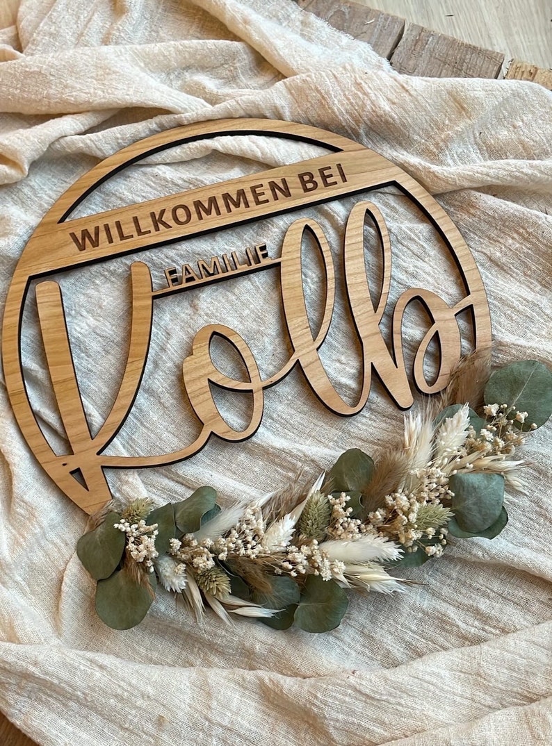 Familienschild aus Vollholz Türschild Türkranz Boho Türdeko Kranz Haustür ganzjährig Familiennamensschild Boho-Innenkranz zdjęcie 2