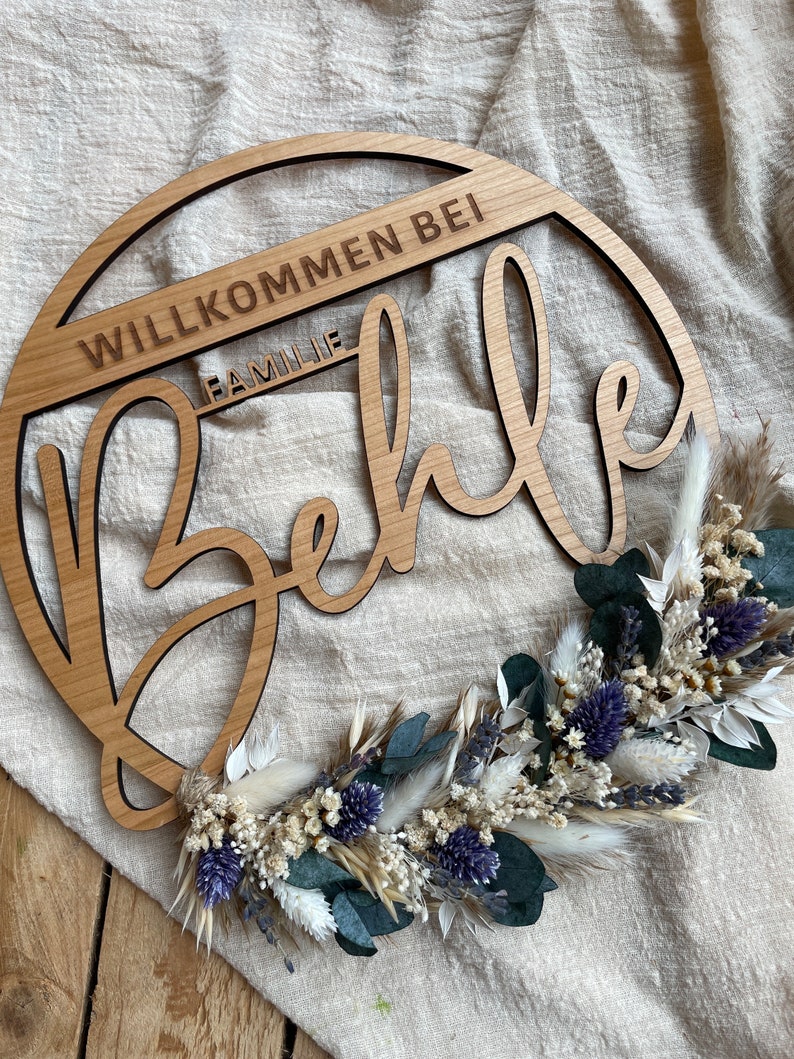 Familienschild aus Vollholz Türschild Türkranz Boho Türdeko Kranz Haustür ganzjährig Familiennamensschild Boho-Innenkranz zdjęcie 9