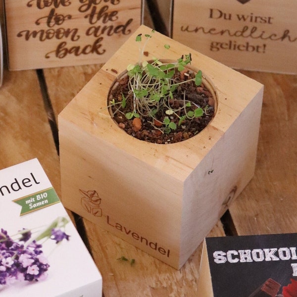 Blumen im Holzwürfel, EcoCube verschiedene Blumen & Motive personalisierbar | Geschenkidee für jeden Anlass. Hochzeit, Geburtstage.