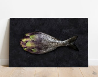 Print for wall, surreal fish kitchen poster artichoke, modern picture for living room and kitchen