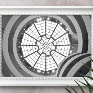Può includere: Stampa incorniciata in bianco e nero di un interno di un edificio, con un soffitto di vetro circolare con un design radiale. La cornice bianca ha un bordo perlato. L'immagine è montata su una parete strutturata, con foglie verdi nell'angolo.