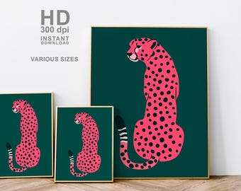 Poster ghepardo rosa | Stampa digitale leopardo | Arte murale animali | File stampabile verde scuro