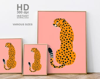 Poster ghepardo su sfondo rosa, stampa artistica leopardo, arte murale animali, stampa digitale moderna