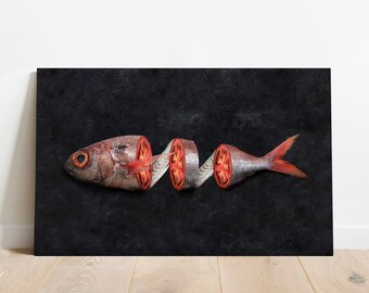Kitchen poster, tomato fish wall print, modern surreal painting, kitchen print