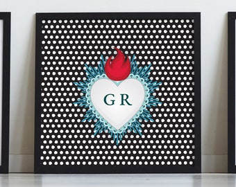 Ex voto, sacred heart, forex wall print, Pop Art heart with black polka dot background, customizable with initials