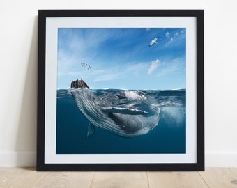 Surreal wall poster, whale island with lighthouse, surreal painting, Strombolicchio poster