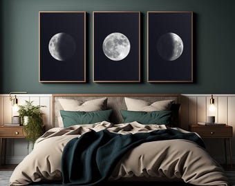 Set med 3 måntryck, utskrivbara månfasposters, minimalistiskt digitaltryck, modern väggdekor