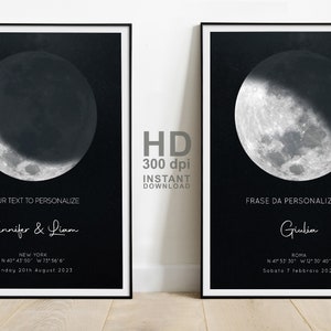 Peut inclure: Deux affiches imprimables en noir et blanc représentant un croissant de lune avec le texte "YOUR TEXT TO PERSONALIZE" et "FRASE DA PERSONALIZZARE" sur chaque affiche. La première affiche porte le texte "Jennifer & Liam" et la deuxième affiche porte le texte "Giulia".