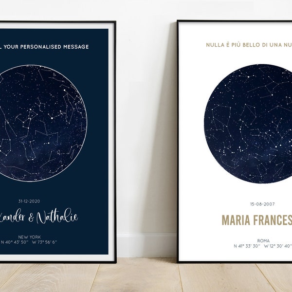 Mappa stellare personalizzata, idea regalo personalizzato, poster costellazioni, mappa del cielo con coordinate del luogo