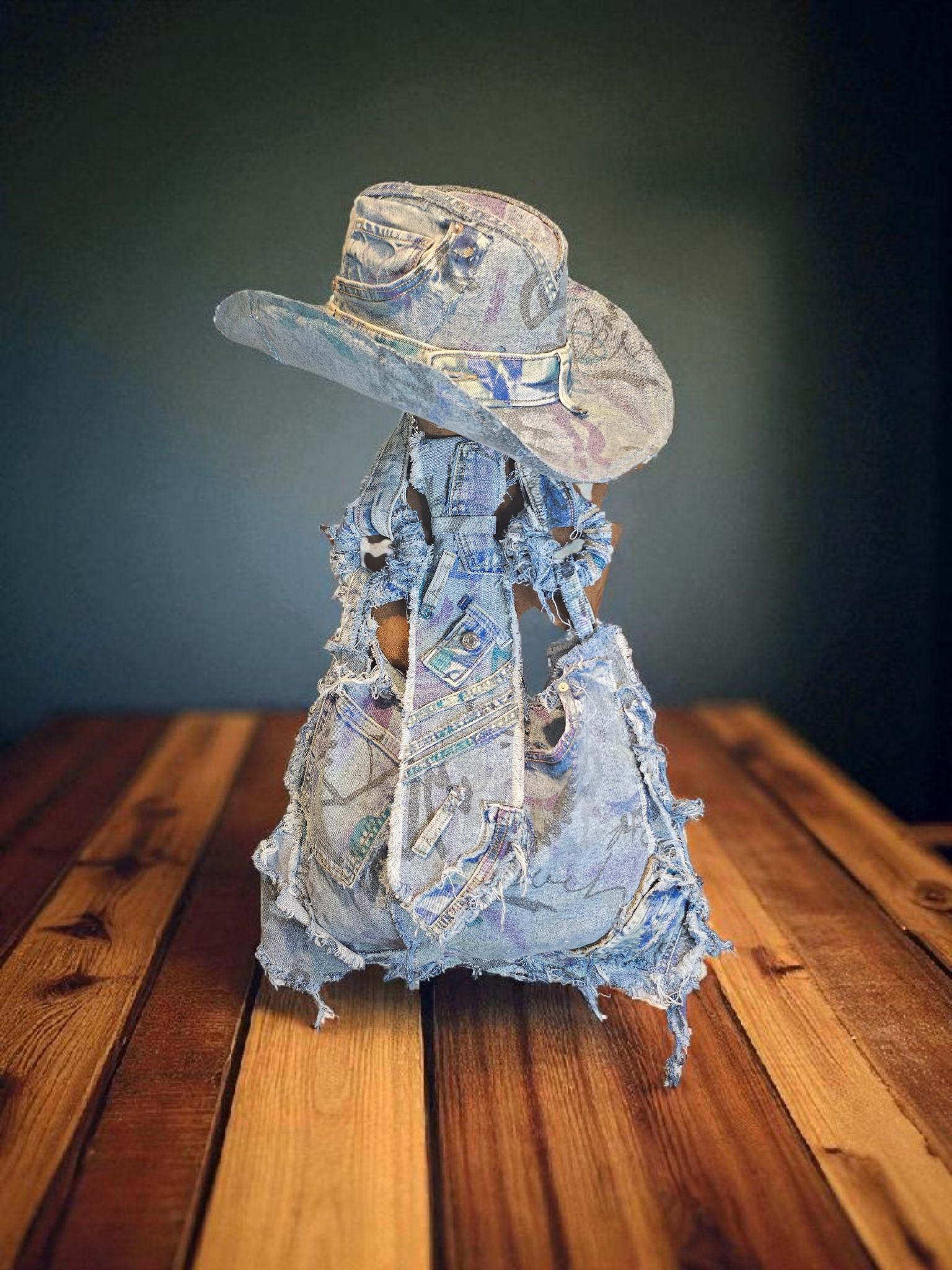 Handmade Distressed Denim Cowboy Hat Necktie/ Bag 3pc Set  display picture 3