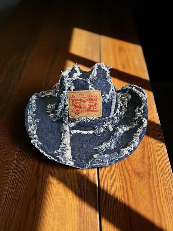 Reworked Distressed Denim Cowboy Hat - Etsy display picture 1