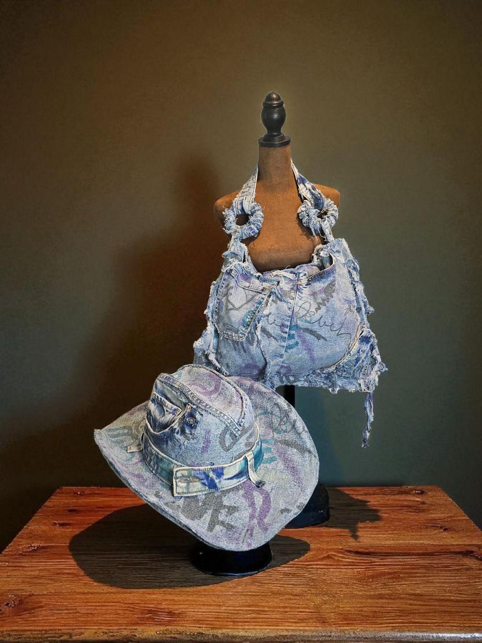 Reworked Distressed Denim Cowboy Hat Necktie Bag Set Country 