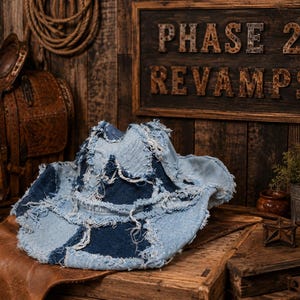 May include: A cowboy hat constructed from patchwork denim fabric in varying shades of light and dark blue. The hat features a distressed aesthetic with frayed, raw edges throughout the seams and brim, creating a textured, layered appearance.