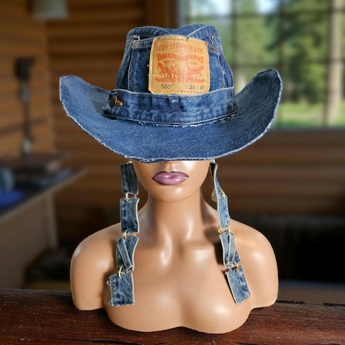 Reworked Distressed Denim Cowboy Hat Necktie Bag Set Country  display picture 3