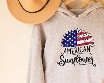 American Sunflower Sweatshirt, Sunflower Hoodie, 4th of July Sweater, Memorial Day Hoodie, Red White and Blue, American Flag Sweater