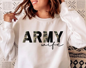 Bluza z kapturem Żona Armii, Prezent dla Żony Armii, Koszulka Żony Armii, Sweter Wojskowy, Koszula na Wdrożenie, Prezent na Wdrożenie dla Żony, Żona Armii z Okrągłym Dekoltem