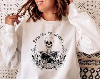 Enemies to Lovers Sweatshirt, Dark Romance Bookish Crewneck, Skeleton Reading Sweater, Gift for Book Lovers, Dark Fantasy Reader Pullover