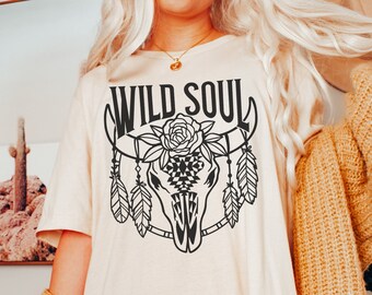 Wild Soul Shirt, Cow Skull, Floral Cow Skull Tee, Western Graphic Tee, Country Shirt, Bull Skull, Cowgirl Shirt, Howdy Tshirt, Oversized
