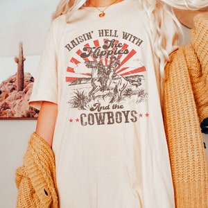Raisin Hell with the Hippies and the Cowboys, Comfort Colors Western Tee, Country Music Graphic, Nashville Bachelorette, Cowboy Cowgirl Trip