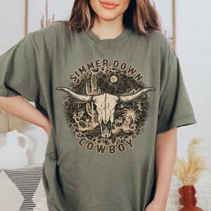 Simmer Down Cowboy Comfort Colors Shirt, Bull Skull Tshirt, Western Graphic Tee, Nashville Shirt, Scottsdale Bachelorette, Country Concert