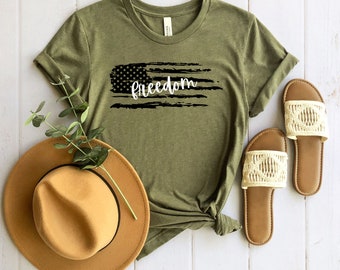 Camicia distressed Flag, Camicia Freedom, Camicia American Flag, Verde militare, 4 luglio, Memorial Day Shirt, Independence Day, America Tee
