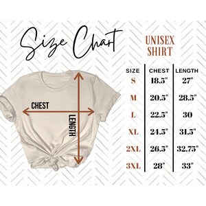 May include: Size chart for a unisex shirt, showing chest and length measurements in inches for sizes S, M, L, XL, 2XL, and 3XL.