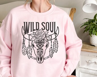 Sudadera Wild Soul, Calavera De Vaca, Calavera De Vaca Floral, Western Graphic Crewneck, CalaEra De Toro, Estética Vaquera, Sudadera Howdy, Preppy Western