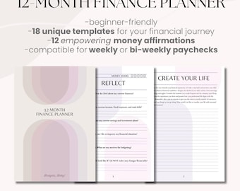 May include: A 12-month finance planner PDF with 104 pages, featuring 18 templates and 12 money affirmations. The cover and interior pages display a soft pastel arch design with sections for goals, financial reflections, and life planning.