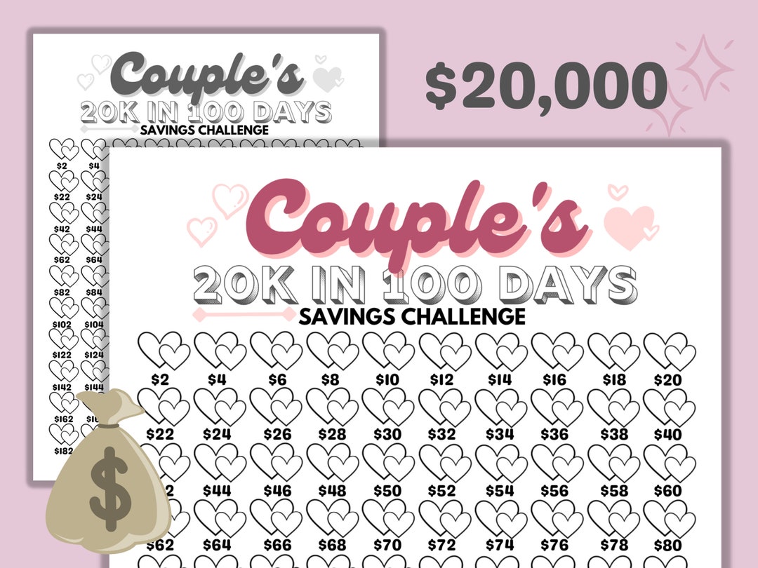 まる　100Days Saving Challenge Box　ハートクマ 20k in 100 Days Couple's Savings Tracker Printable Files
