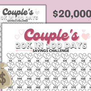 20k in 100 Days Couple&#39;s Savings Tracker Printable Files, Save 20000 in 100 Days Couple Savings Challenge 2022, BW & Color